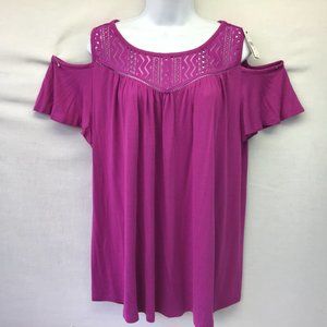 Lane Bryant Tunic Purple Peep Shoulder Lacey Popover Swing Style Tunic NWT Med